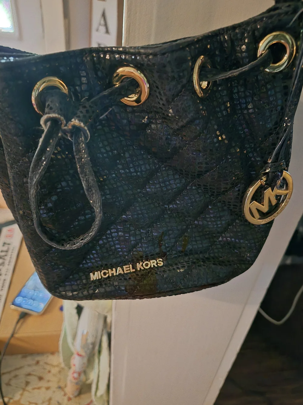 Michael Kors Black Sequin Bucket Crossbody Bag with Gold Hardware